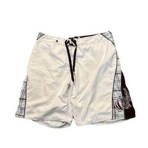ONeill Mens Khaki Tan Y2K Board Shorts Swim Trunks Embroidered Size 36 Waist